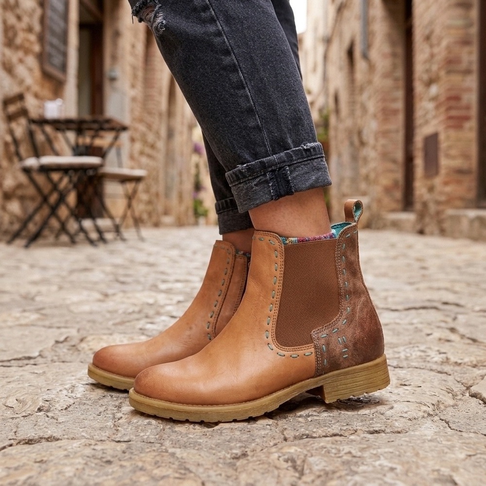 ROAN Tan Leather Suede Mixed Media Whipstitch Ankle Boots Women 7.5 Brown